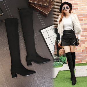 2025 Winter New Chanel Style Pointed Toe Back Zipper Chunky Heel Boots Slim Fit Long Leg Over Knee Tall Boots