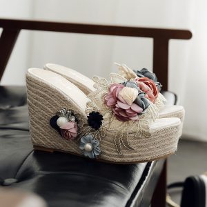 2025 Summer New Flower Rope Pearl Transparent Platform High Heel Slippers for Women 34-42