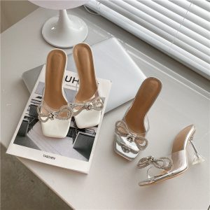 2024 New Summer Bow Rhinestone Transparent Square Toe High Heel Thin Heel Slippers for Women 35-39