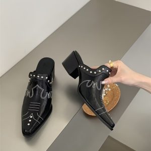 Korean Style Black Pointed Toe Women's Shoes Spring Summer New Retro Covered Heel Chunky Heel Mule Slippers Original