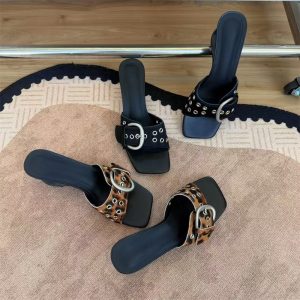 Women's One-Strap Summer Sandals with Bow Heels, Leopard Print, Real Leather, New 2026