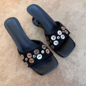 Minimalist Fashion Designer Sheepskin Vintage Handmade Black Square Toe Heart High Heel Sandals for Women