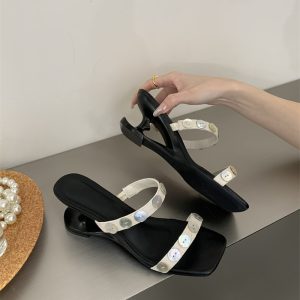 Minimalist Sheepskin Retro Handmade Shell One-Strap Square Toe Heart High Heel Sandals for Women