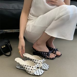 Retro Handmade Leather Wedge Heel Sandals with Bow and Polka Dot Heart Design for Women