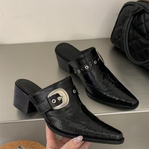 Designer Black Pointed Toe Women's Retro Covered Heel Mule Sandals