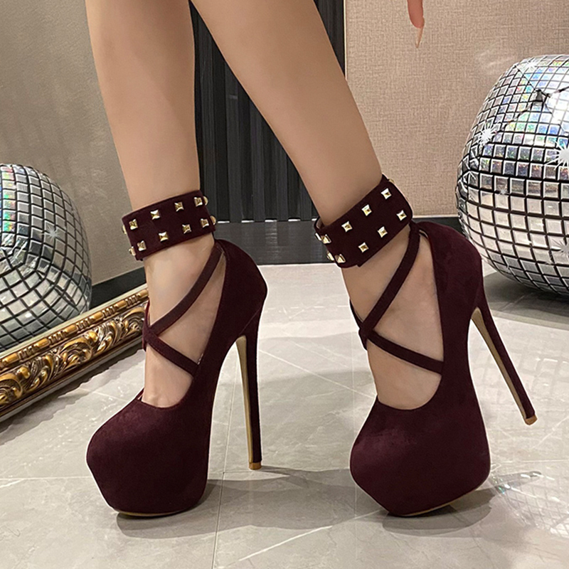 Ankela Red 2024 New 16CM Stud High Heel Waterproof Platform Women's Sandals Wine Red Sexy Dress Shoes - Image 2