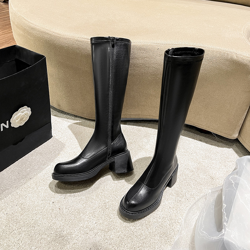 HK Black Chunky Heel High Boots Women New Over Knee Stretch Slim Fit Riding Boots - Image 4
