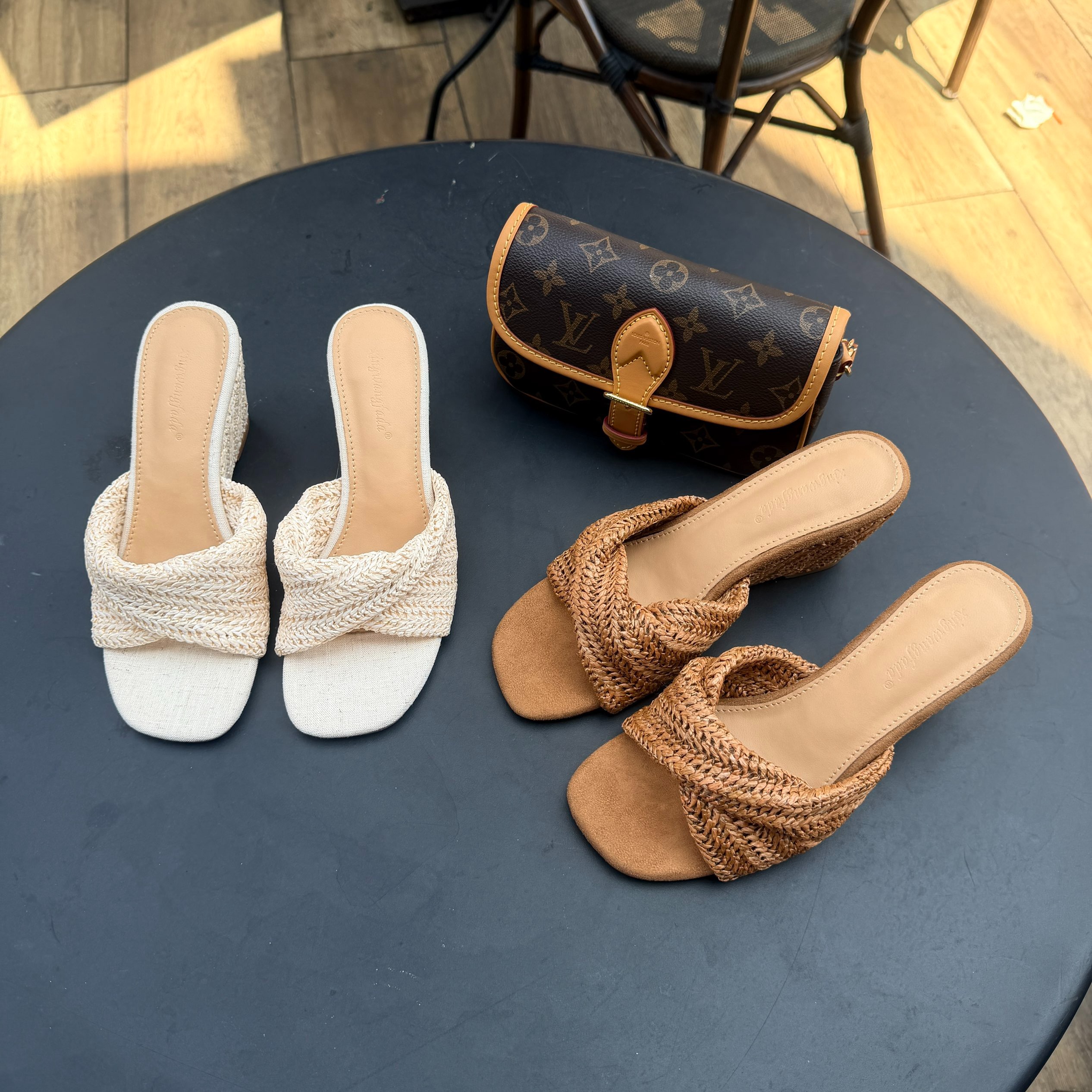 New 6.5cm Wedge Heel French Vacation Style Square Toe Cross Strap Woven Straw Thick Sole Summer Slippers