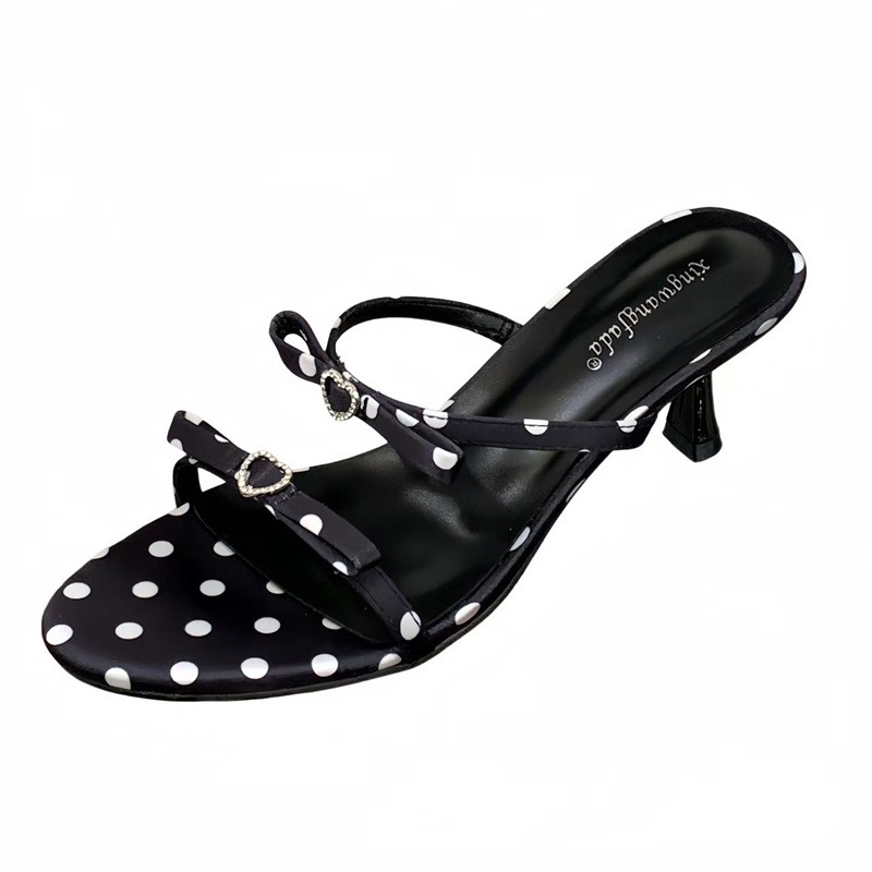 New Korean Style French Polka Dot Bow Kitten Heel Women's White Round Toe One-Strap Sandals - Image 5