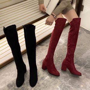 Over Knee Boots Women Stretch Slim Boots 2025 Autumn Winter Patchwork Wine Red Chunky Heel High Heel Tall Boots