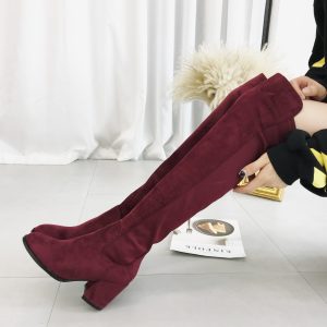 Over Knee Boots Women Stretch Slim Fit 2025 Autumn Winter Wine Red Chunky Heel Suede Tall Boots