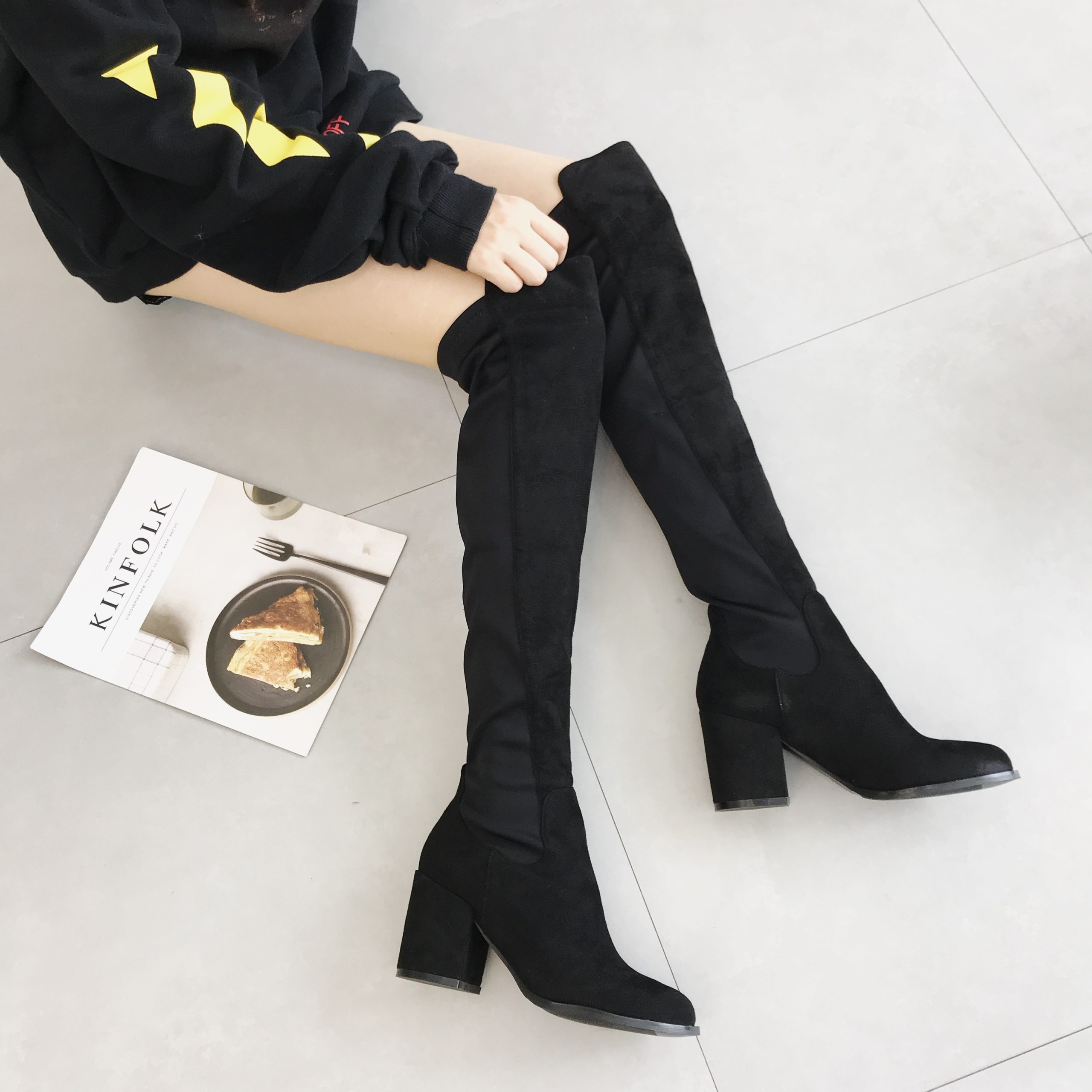 Over Knee Boots Women Stretch Slim Fit 2025 Autumn Winter Wine Red Chunky Heel Suede Tall Boots - Image 2