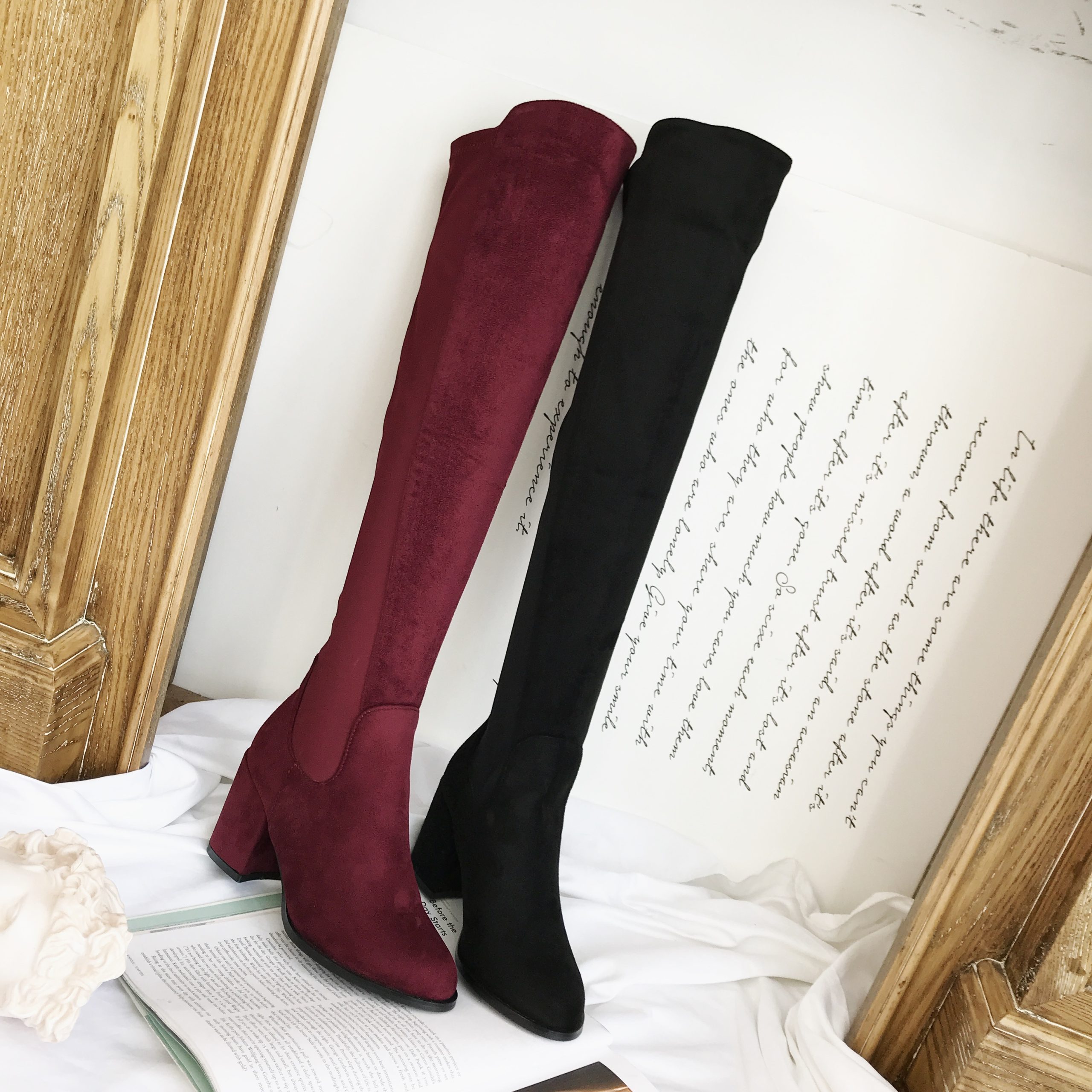 Over Knee Boots Women Stretch Slim Fit 2025 Autumn Winter Wine Red Chunky Heel Suede Tall Boots - Image 3