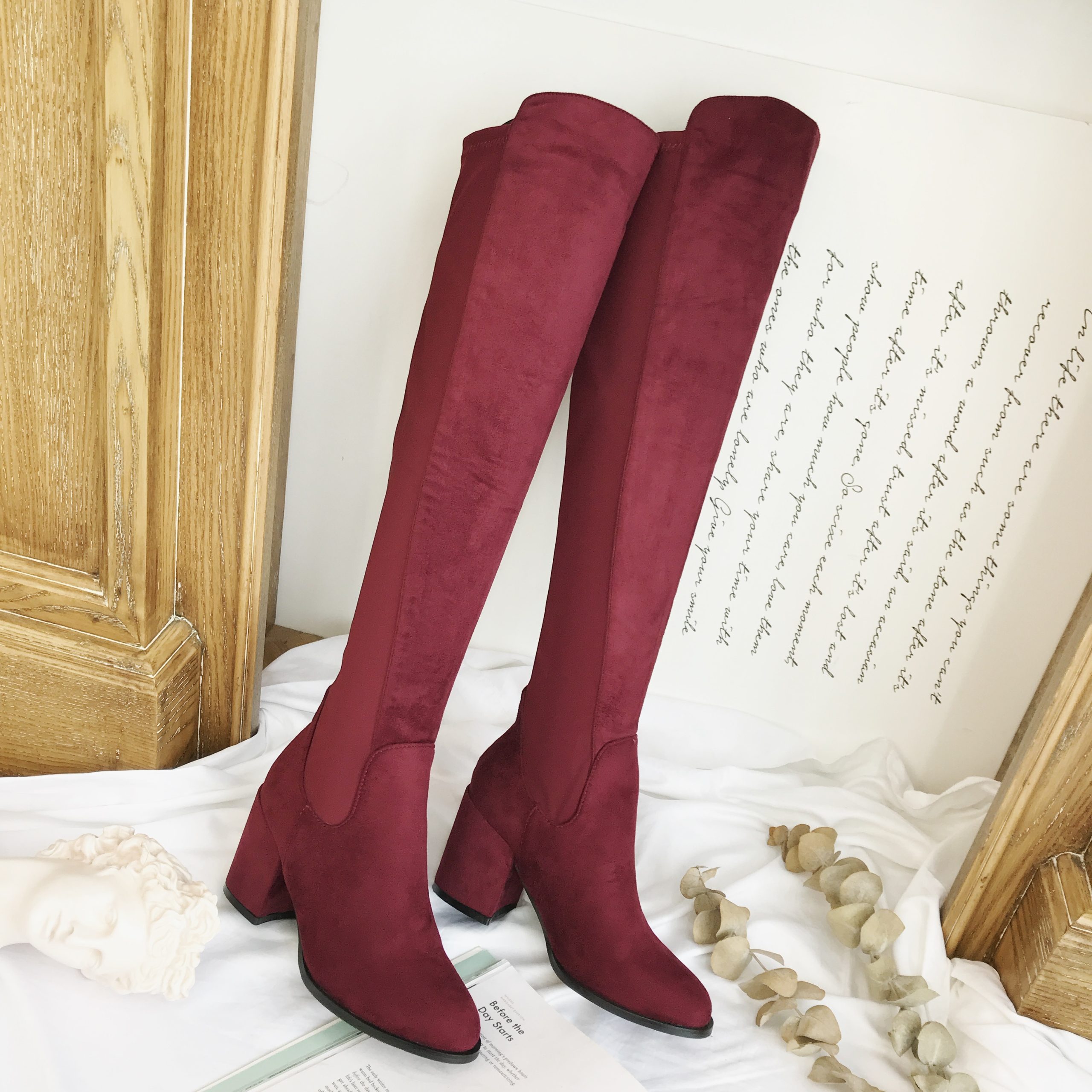 Over Knee Boots Women Stretch Slim Fit 2025 Autumn Winter Wine Red Chunky Heel Suede Tall Boots - Image 5