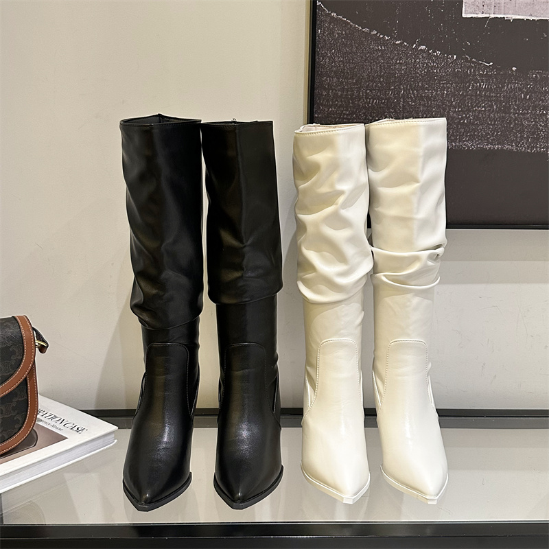 Pointed Toe White High Heel Western Long Boots for Women 2023 New Winter Slim Stacked Knight Tall Boots - Image 2