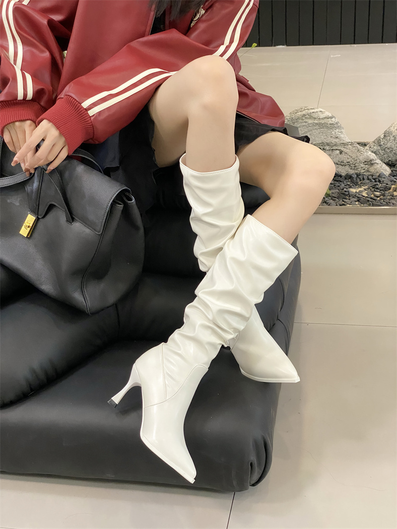 Pointed Toe White High Heel Western Long Boots for Women 2023 New Winter Slim Stacked Knight Tall Boots - Image 3