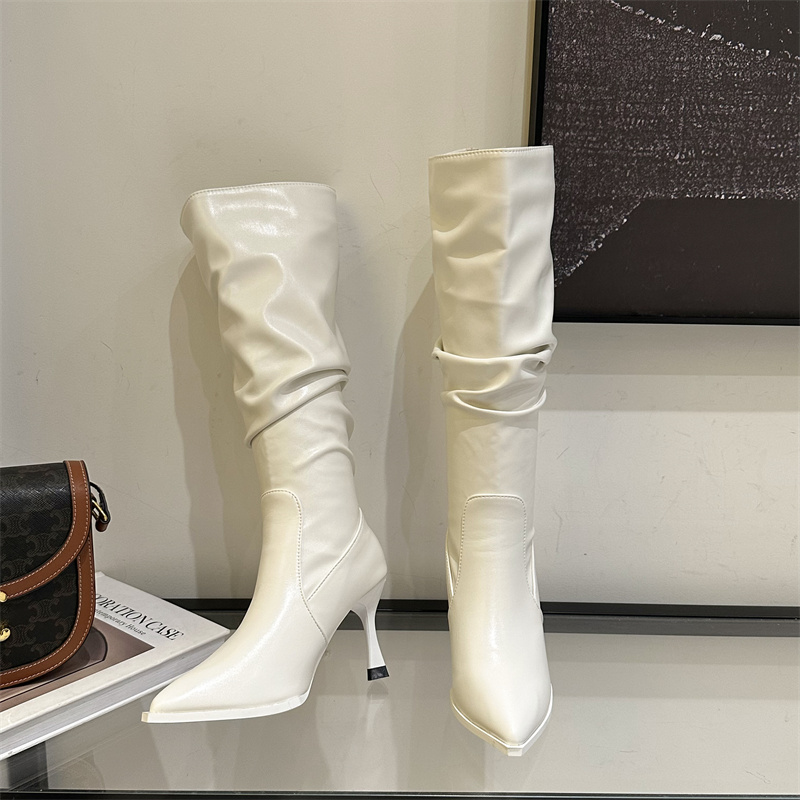 Pointed Toe White High Heel Western Long Boots for Women 2023 New Winter Slim Stacked Knight Tall Boots - Image 4