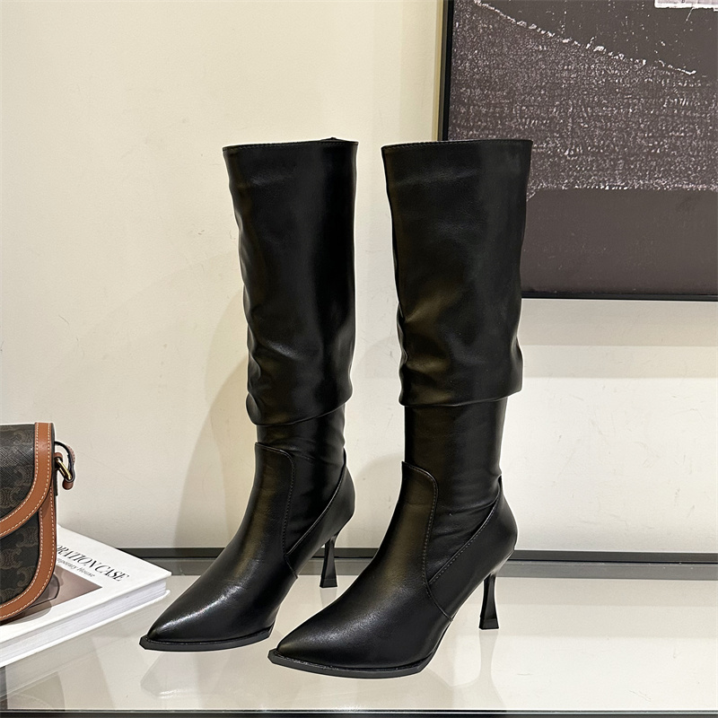 Pointed Toe White High Heel Western Long Boots for Women 2023 New Winter Slim Stacked Knight Tall Boots - Image 5
