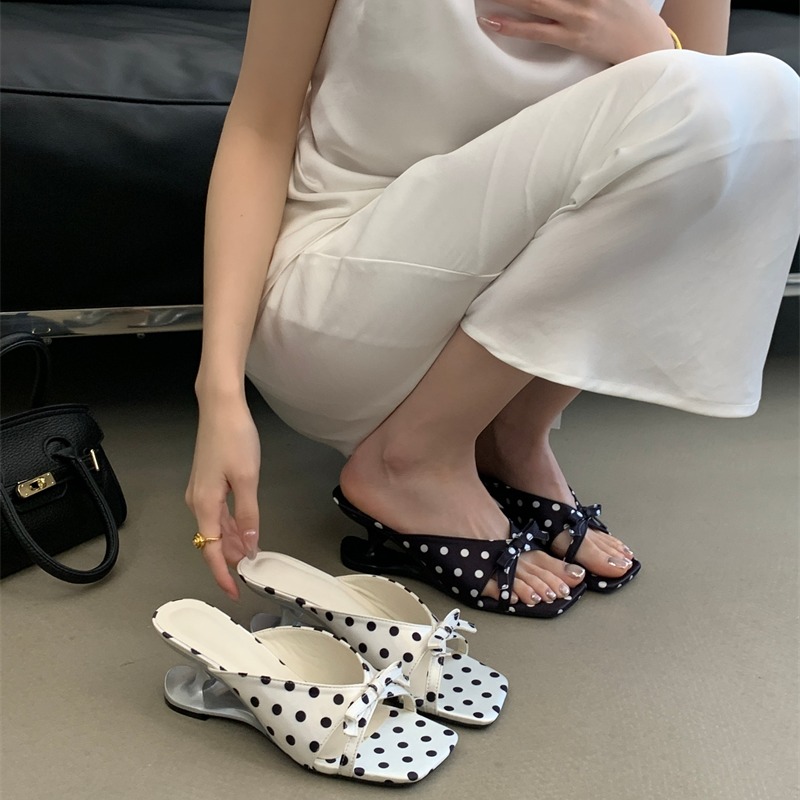 Retro Handmade Leather Wedge Heel Sandals with Bow and Polka Dot Heart Design for Women