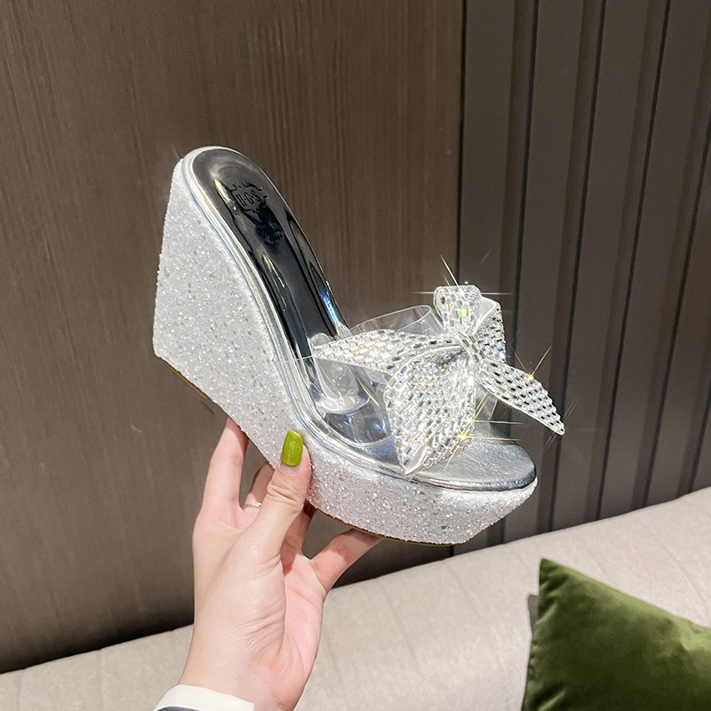 Summer New Fashion Bow Rhinestone Sequins Platform Thick Sole Slippers for Women 10.5cm
