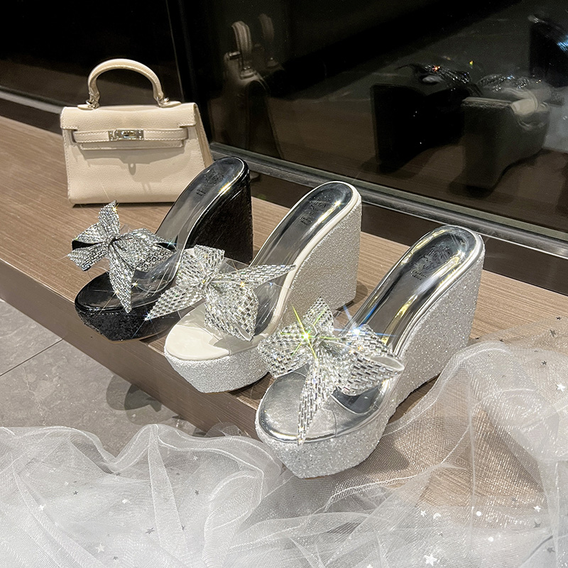 Summer New Fashion Bow Rhinestone Sequins Platform Thick Sole Slippers for Women 10.5cm - Image 5