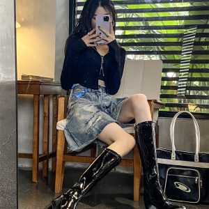 Trendy Sexy High Heel Women's Square Toe Patent Leather Slim Fit Knight Boots 218-2 Short 218-11 Long