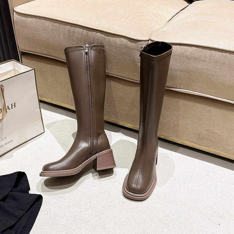 Women's Retro Brown High Heel Chunky Boots 2024 Winter New Tall Boots for Petite Not Over Knee Riding Boots - Image 4