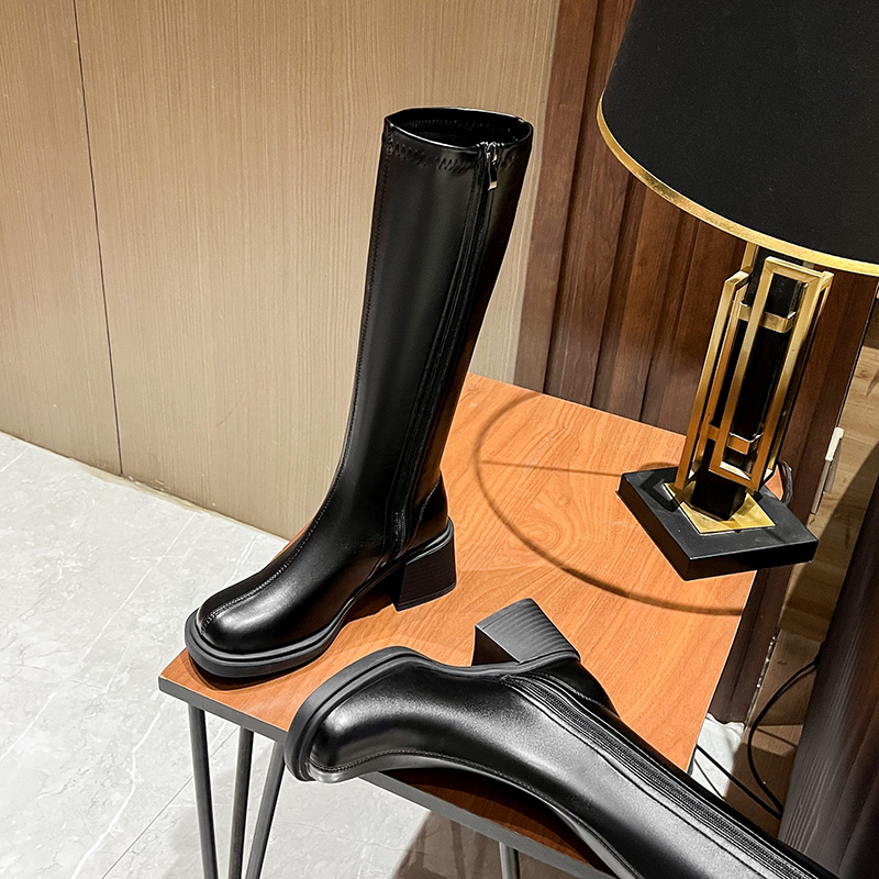 Women's Retro Brown High Heel Chunky Boots 2024 Winter New Tall Boots for Petite Not Over Knee Riding Boots - Image 5